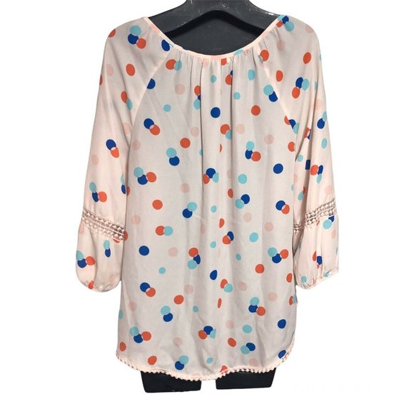 Copper Key Top Womens Sz M Pink Polka Dot Hi-Lo Lace Trim 3/4 Sleeve Blouse - Picture 2 of 12